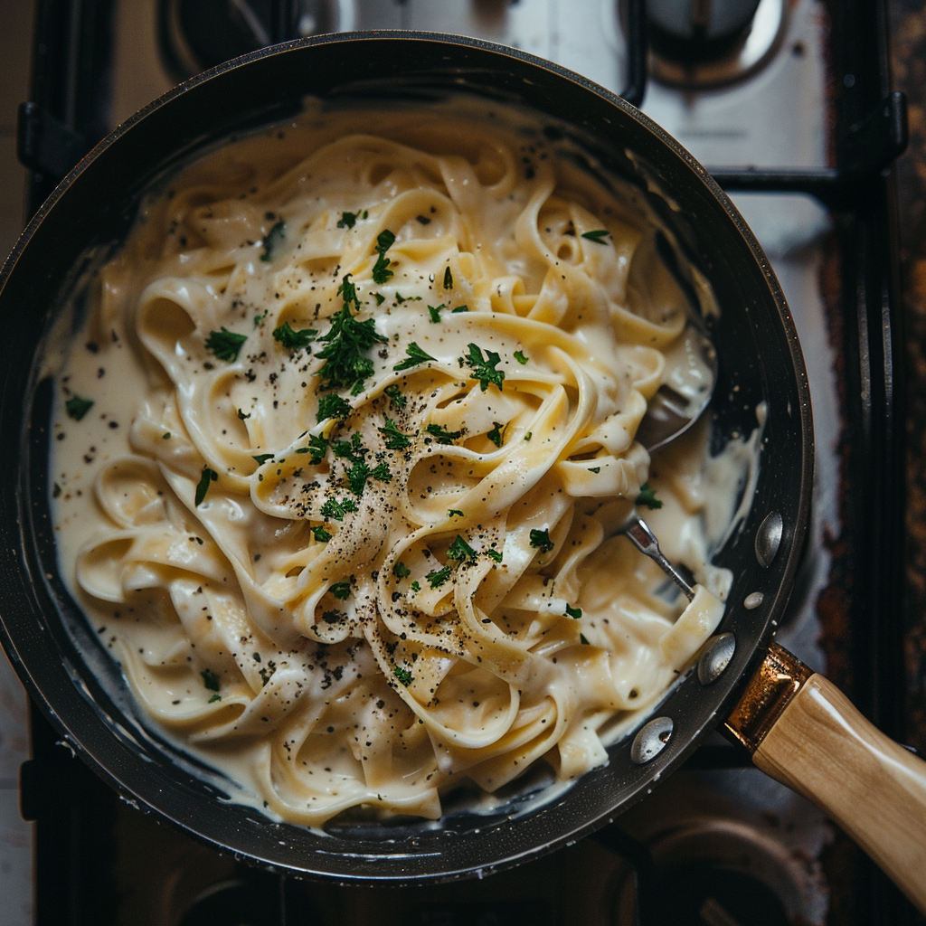 alfredo sauce prepared in pan